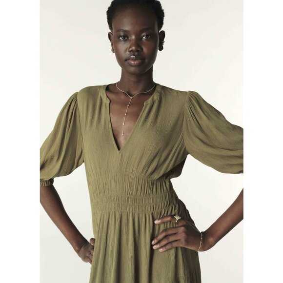 ba&sh Norma Midi Dress / Large / US 8 / Khaki Green V-Neck Smocked - Picture 4 of 11